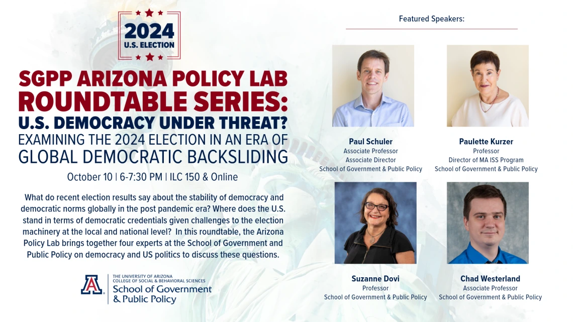 Flyer- SGPP Arizona Policy Lab Roundtable Series- US Democracy Under Threat_Examining the 2024 Election in an Era of Global Democratic Backsliding 10.10.24